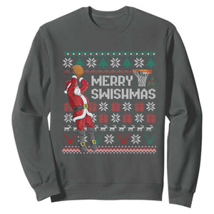 Funny Black Santa Christmas Basketball Sweatshirt Merry Swishmass Xmas Sport TS11 Dark Heather Print Your Wear