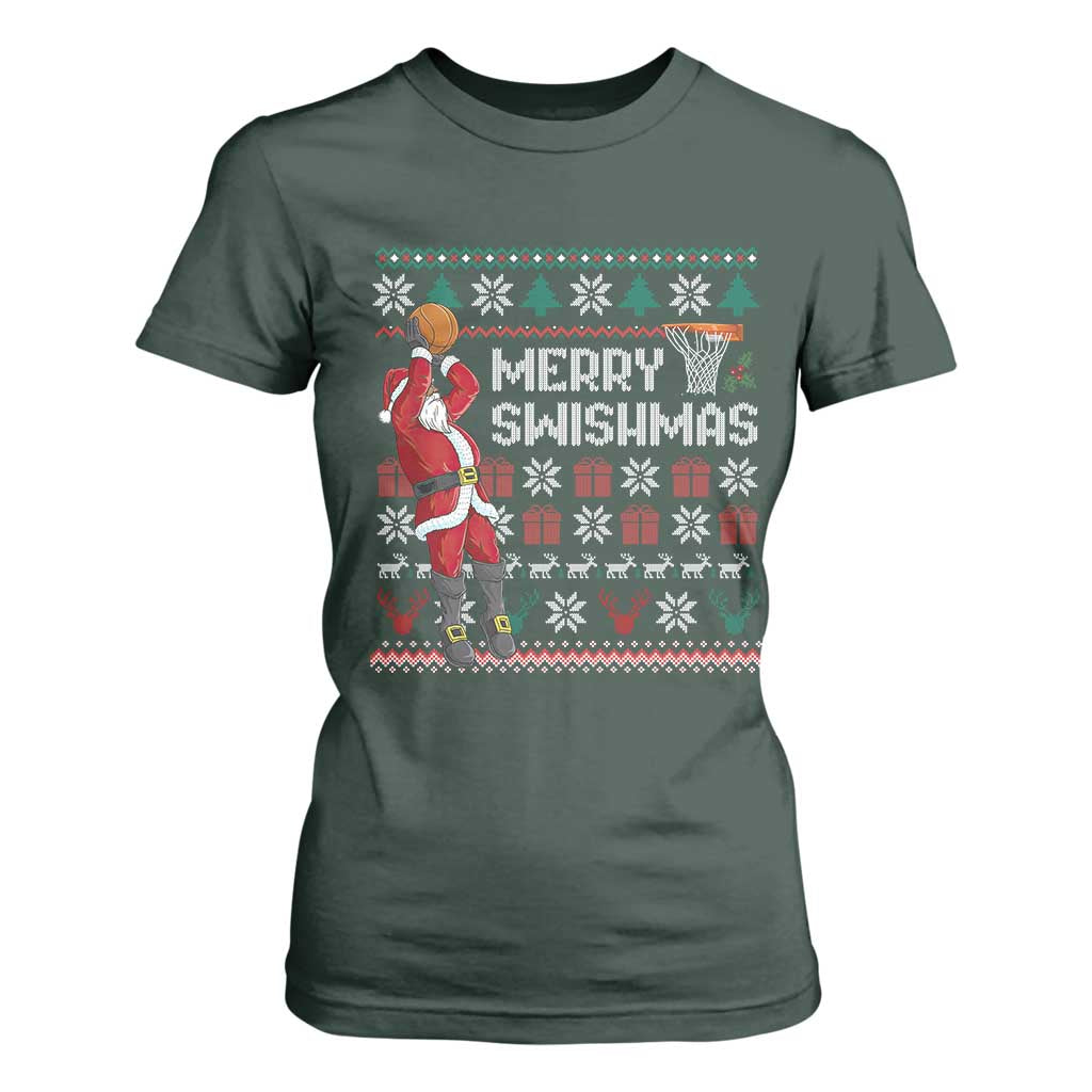 Funny Black Santa Christmas Basketball T Shirt For Women Merry Swishmass Xmas Sport TS11 Dark Forest Green Print Your Wear
