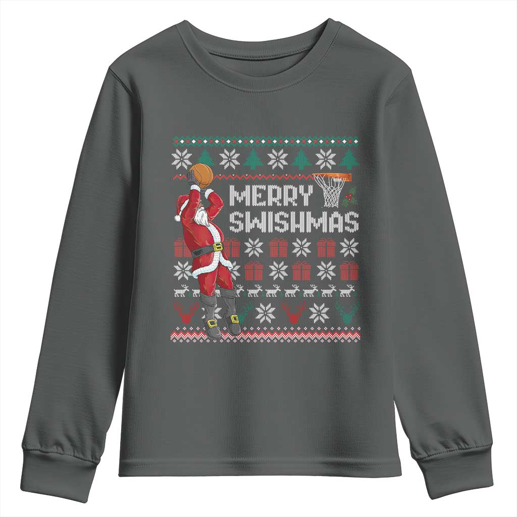 Funny Black Santa Christmas Basketball Youth Sweatshirt Merry Swishmass Xmas Sport TS11 Dark Heather Print Your Wear