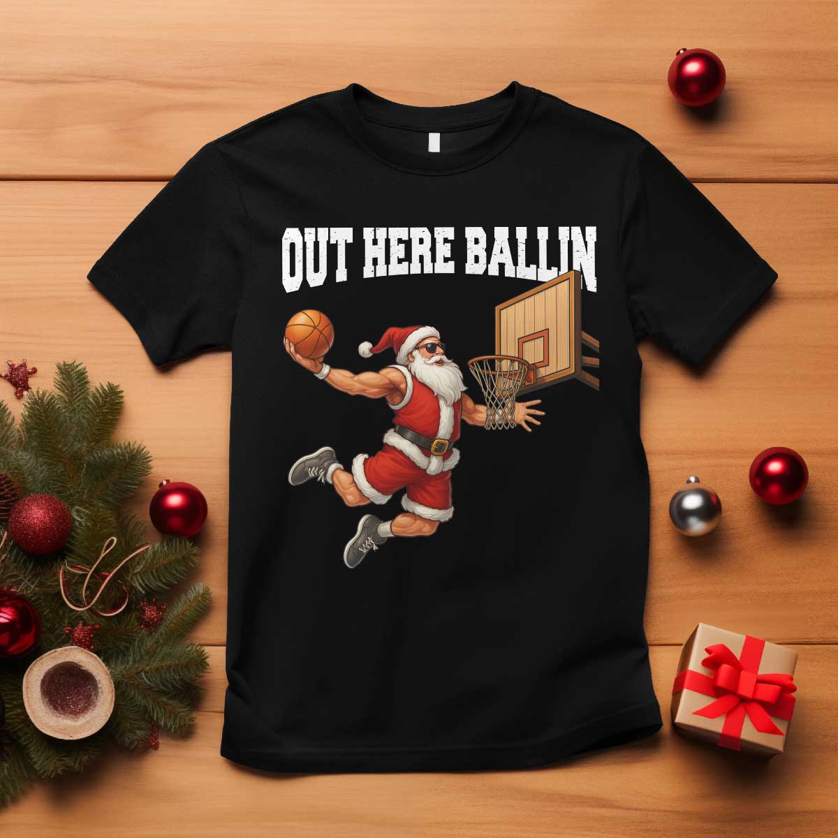 Funny Christmas Basketball T Shirt Out Here Ballin Xmas Santa Sport TS11 Black Print Your Wear