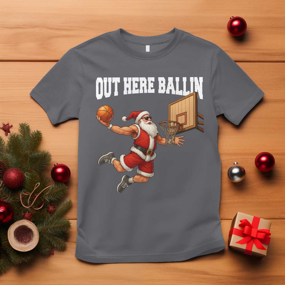 Funny Christmas Basketball T Shirt Out Here Ballin Xmas Santa Sport TS11 Charcoal Print Your Wear