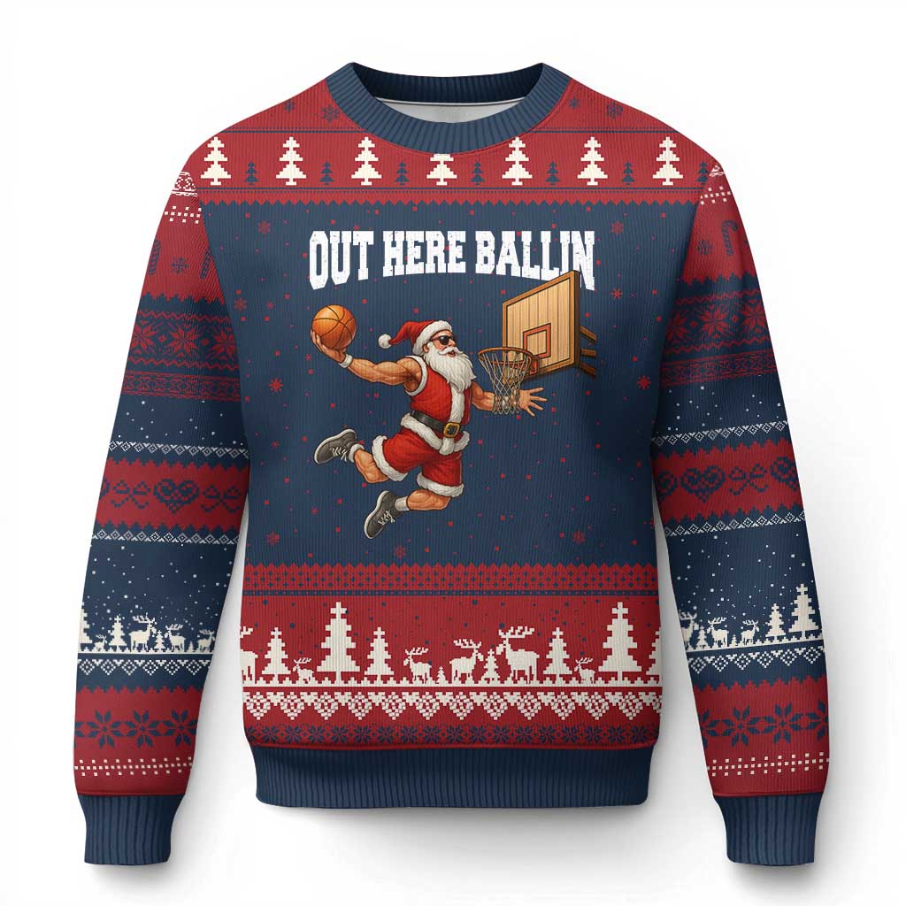 Funny Christmas Basketball Ugly Christmas Sweater Out Here Ballin Xmas Santa Sport TS11 Navy Red Print Your Wear