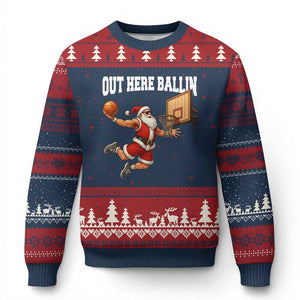 Funny Christmas Basketball Ugly Christmas Sweater Out Here Ballin Xmas Santa Sport TS11 Navy Red Print Your Wear