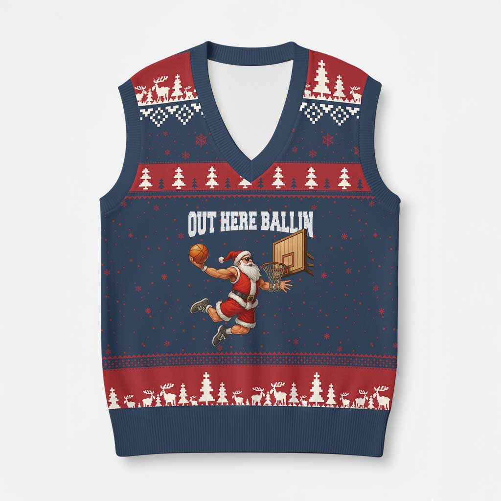 Funny Christmas Basketball V-Neck Knit Sweater Vest Out Here Ballin Xmas Santa Sport TS11 Navy Red Print Your Wear