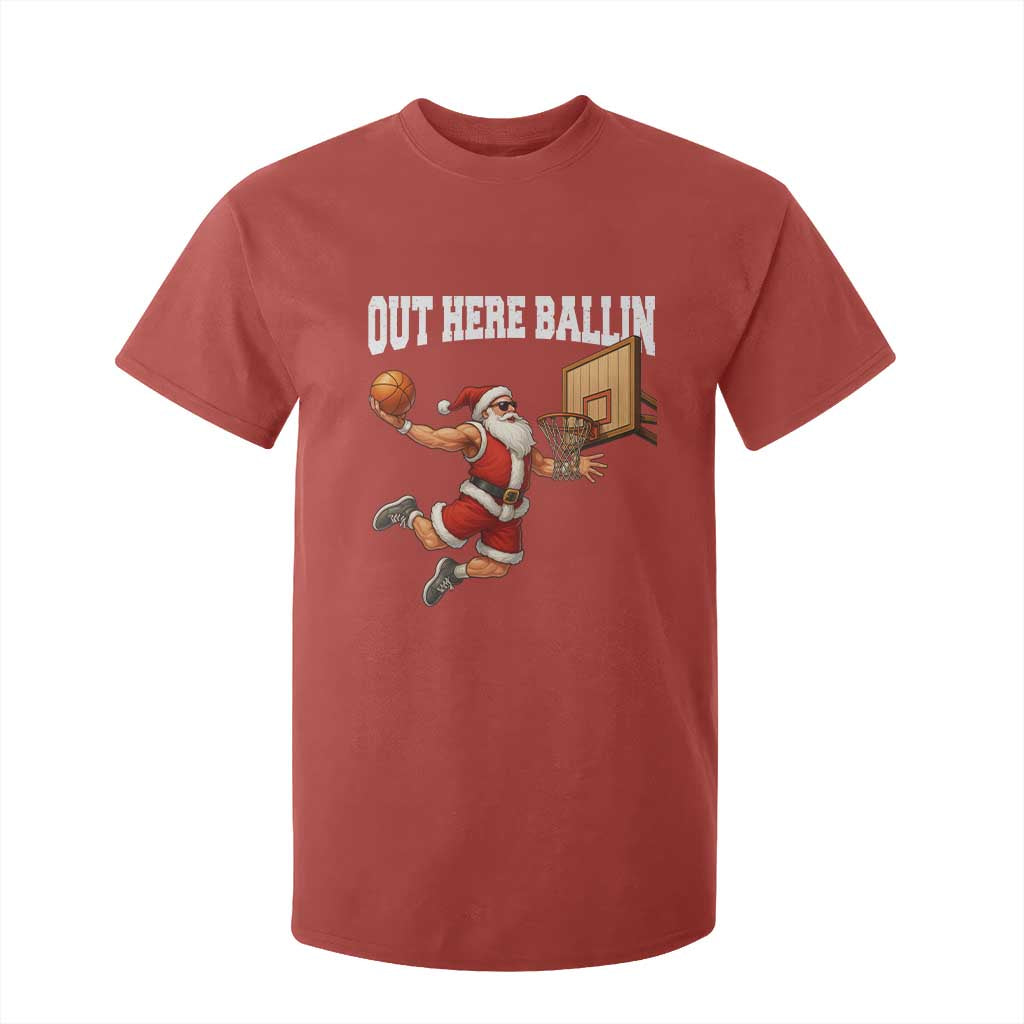 Funny Christmas Basketball T Shirt For Kid Out Here Ballin Xmas Santa Sport TS11 Red Print Your Wear