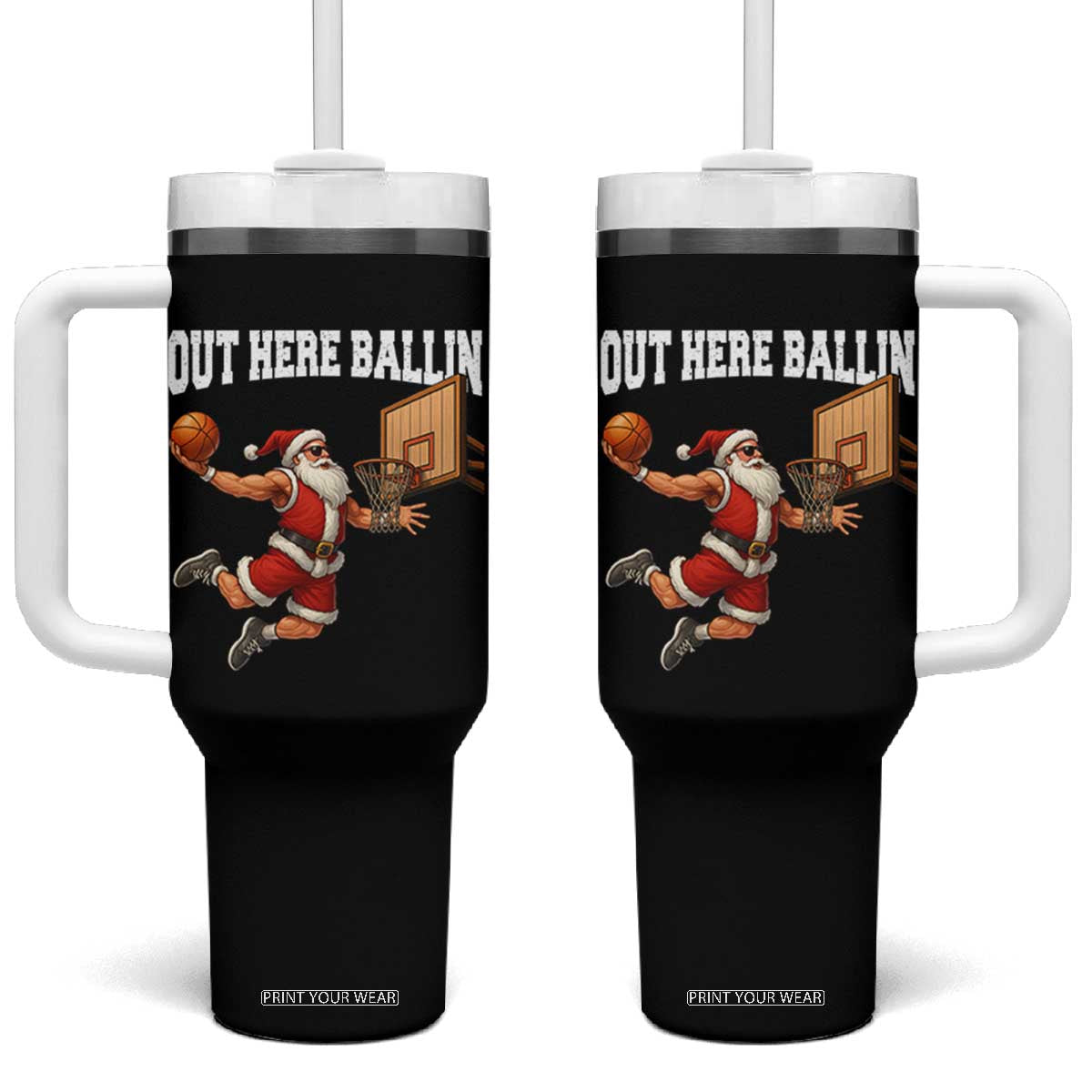 Funny Christmas Basketball Tumbler With Handle Out Here Ballin Xmas Santa Sport TS11 One Size: 40 oz Black Print Your Wear