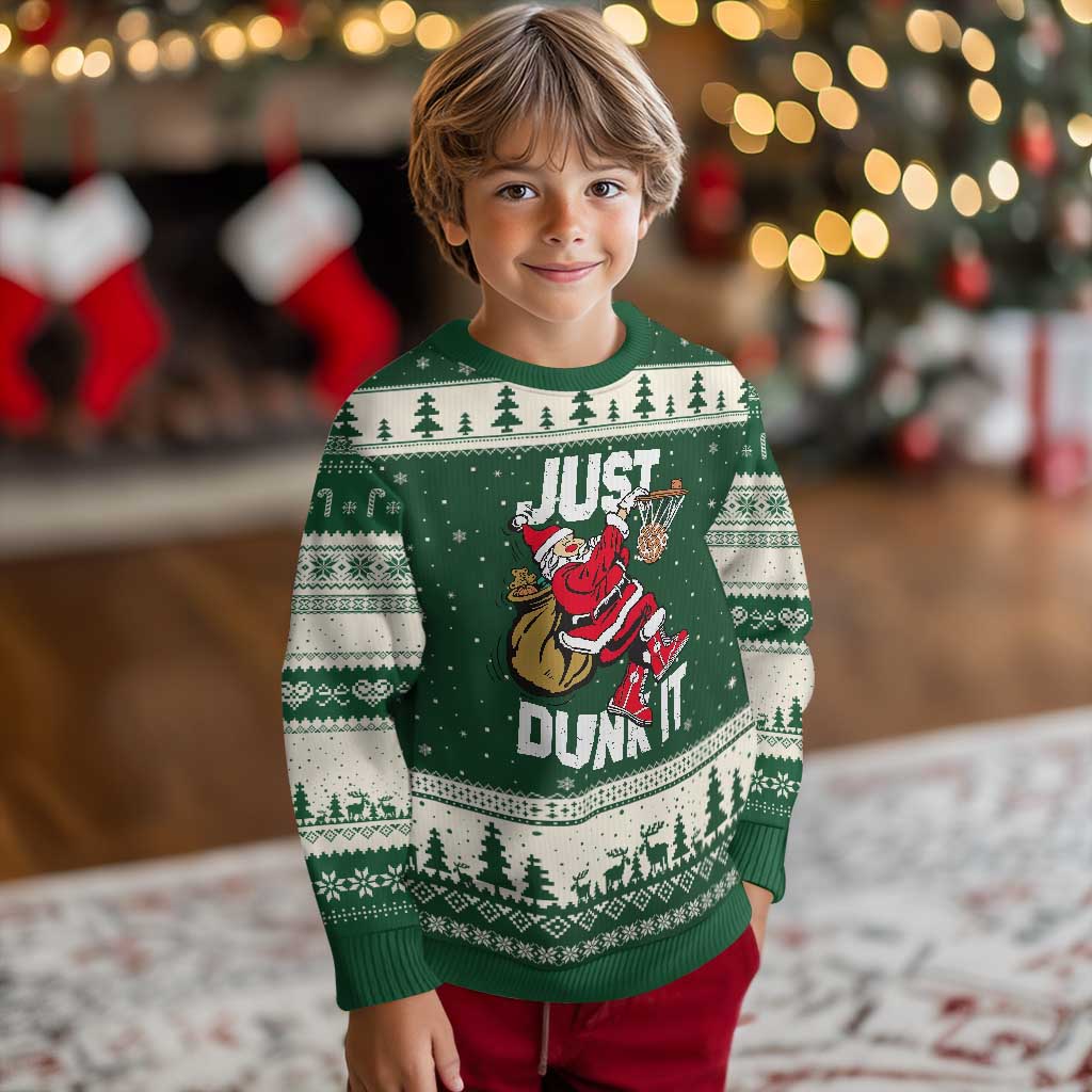 Funny Christmas Basketball Ugly Christmas Sweater Just Dunk It Xmas Santa Sport TS11 Forest Green Beige Print Your Wear