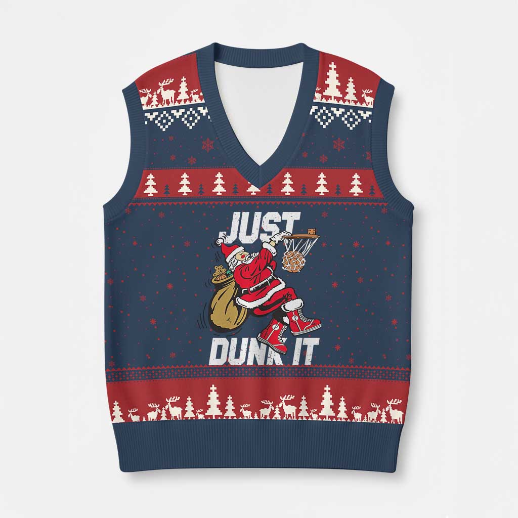 Funny Christmas Basketball V-Neck Knit Sweater Vest Just Dunk It Xmas Santa Sport TS11 Navy Red Print Your Wear