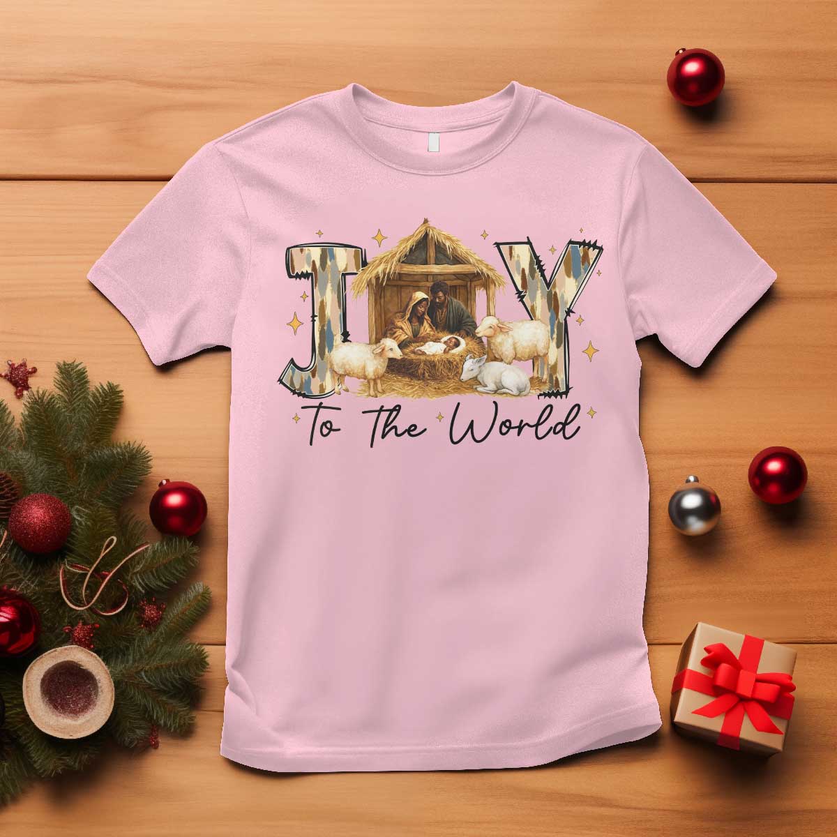 African American Christmas Nativity Scene T Shirt Joy To The World Afro Black Jesus TS11 Light Pink Print Your Wear