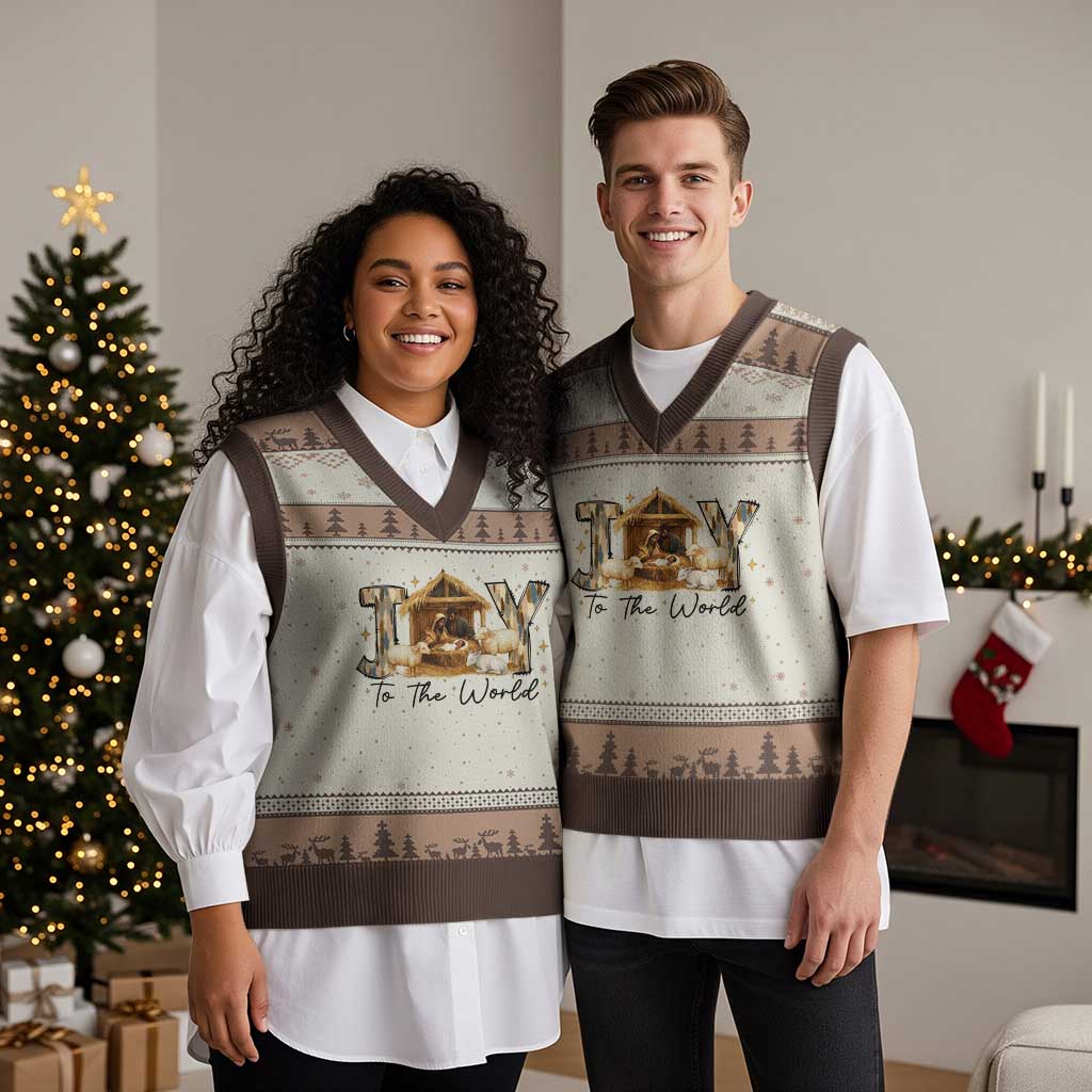 African American Christmas Nativity Scene V-Neck Knit Sweater Vest Joy To The World Afro Black Jesus TS11 Mocha Mousse Print Your Wear