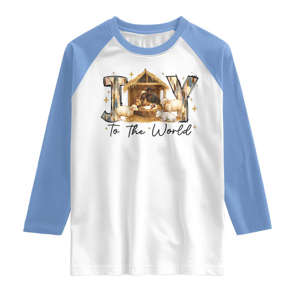 African American Christmas Nativity Scene Raglan Shirt Joy To The World Afro Black Jesus TS11 White Carolina Blue Print Your Wear