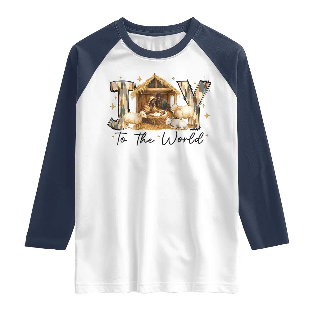 African American Christmas Nativity Scene Raglan Shirt Joy To The World Afro Black Jesus TS11 White Navy Print Your Wear