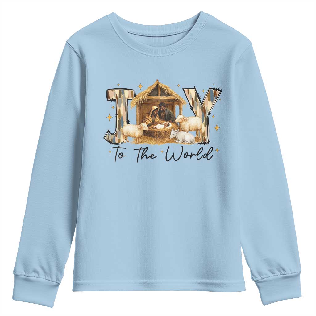 African American Christmas Nativity Scene Youth Sweatshirt Joy To The World Afro Black Jesus TS11 Light Blue Print Your Wear