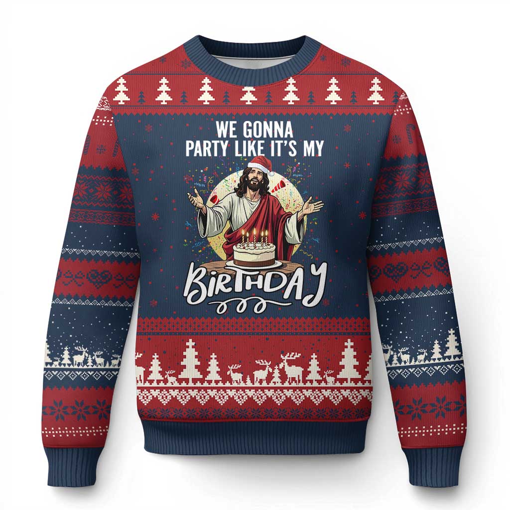 Funny Christian Xmas Birthday Ugly Christmas Sweater We Gonna Party Like It Is My Birthday TS11 Navy Red Print Your Wear