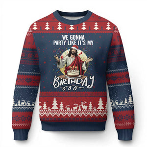 Funny Christian Xmas Birthday Ugly Christmas Sweater We Gonna Party Like It Is My Birthday TS11 Navy Red Print Your Wear