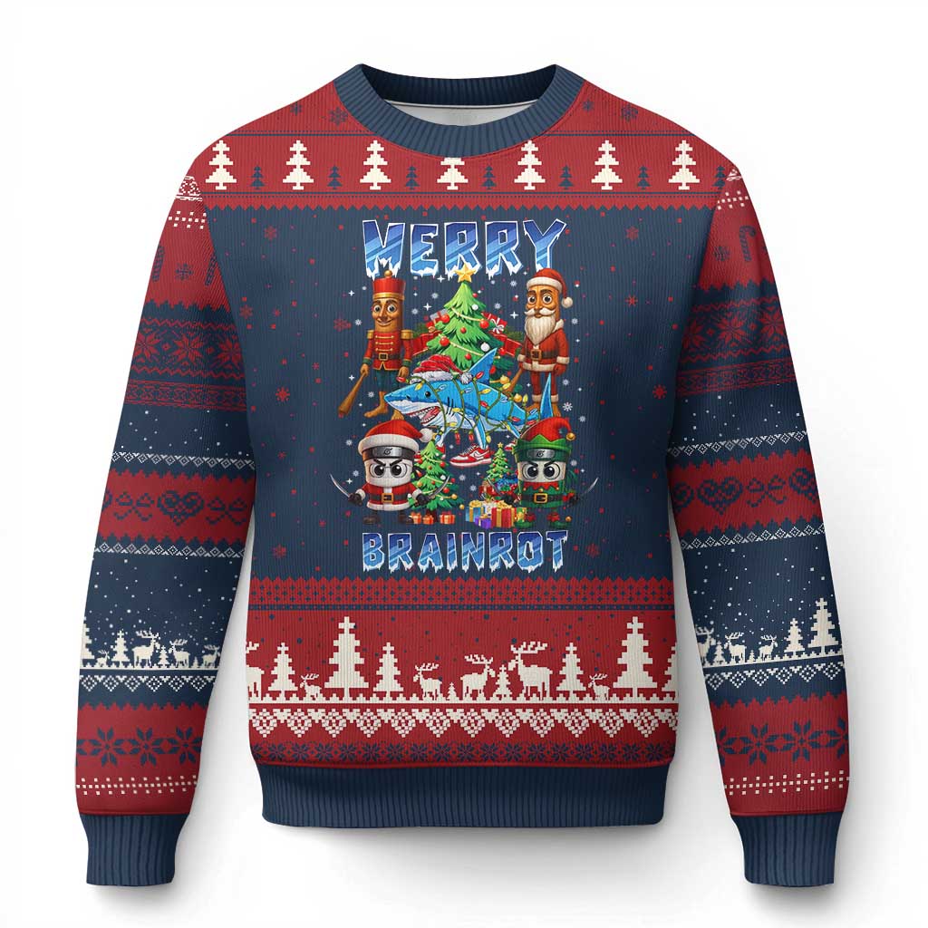 Funny Italian Brainrot Meme Xmas Ugly Christmas Sweater Merry Brainrot Xmas Gen Alpha TS11 Navy Red Print Your Wear