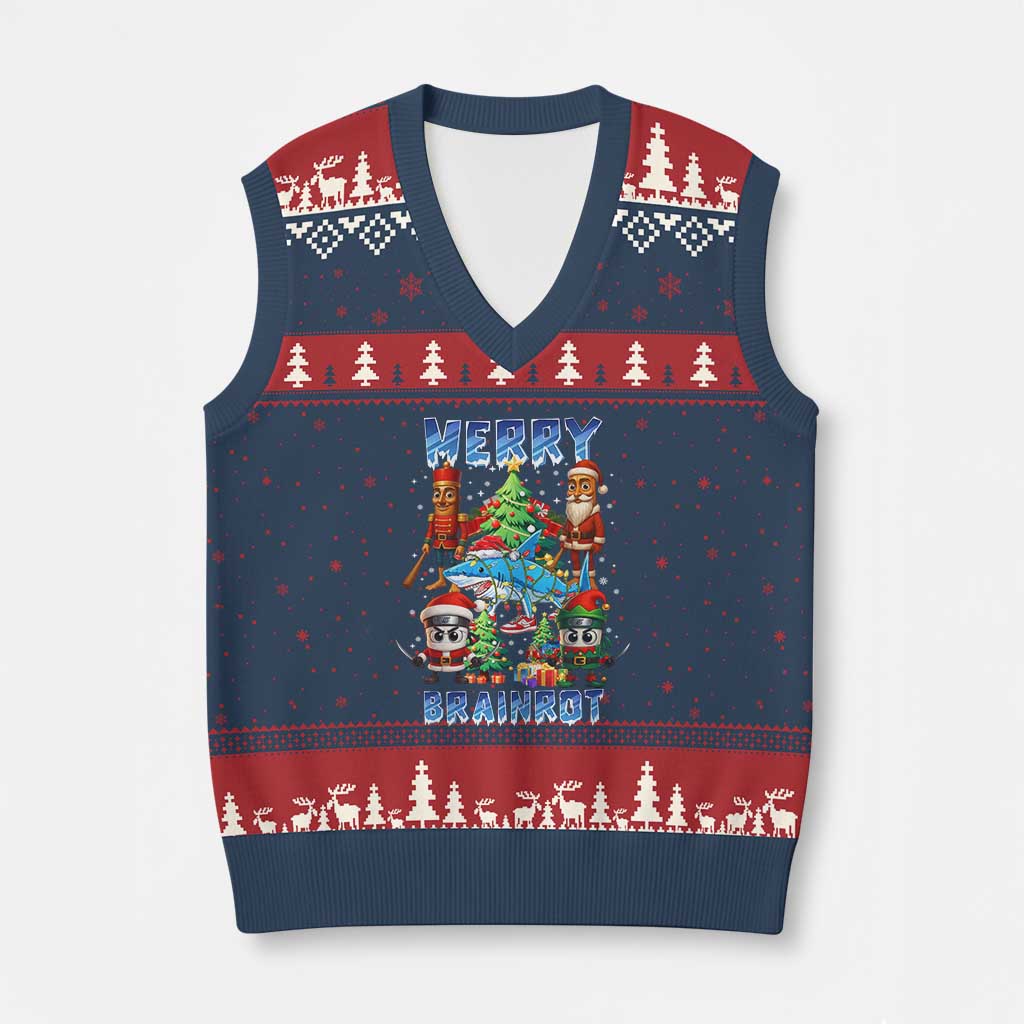 Funny Italian Brainrot Meme Xmas V-Neck Knit Sweater Vest Merry Brainrot Xmas Gen Alpha TS11 Navy Red Print Your Wear