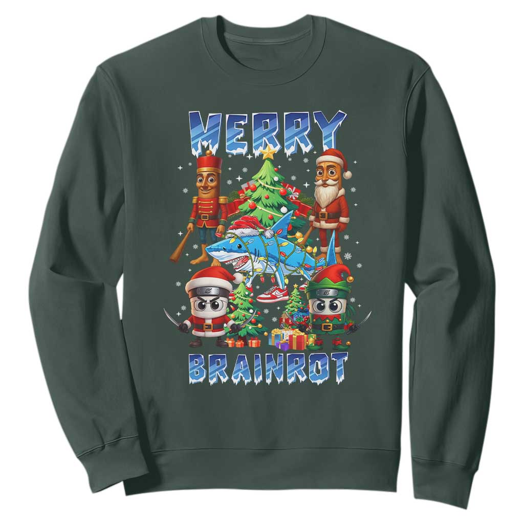 Funny Italian Brainrot Meme Christmas Sweatshirt Merry Brainrot Xmas Gen Alpha TS11 Dark Forest Green Print Your Wear