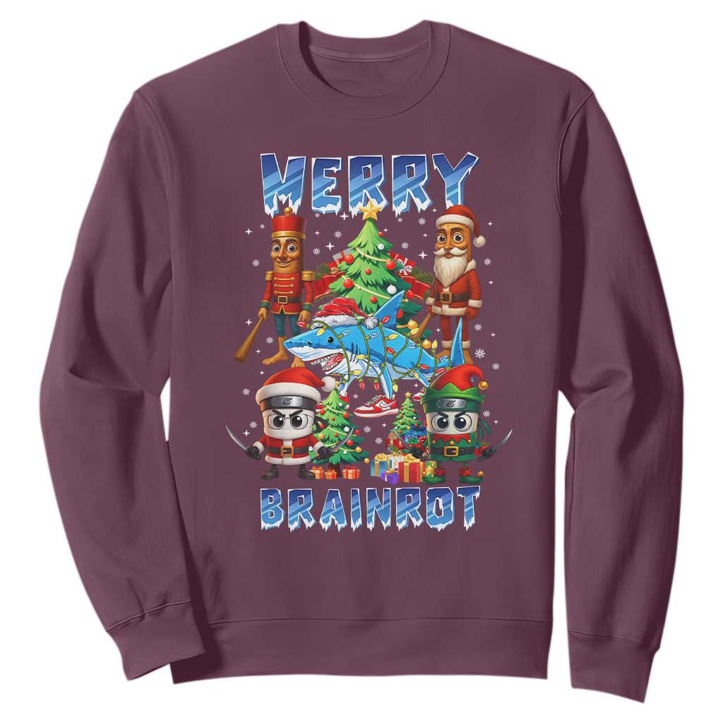 Funny Italian Brainrot Meme Christmas Sweatshirt Merry Brainrot Xmas Gen Alpha TS11 Maroon Print Your Wear