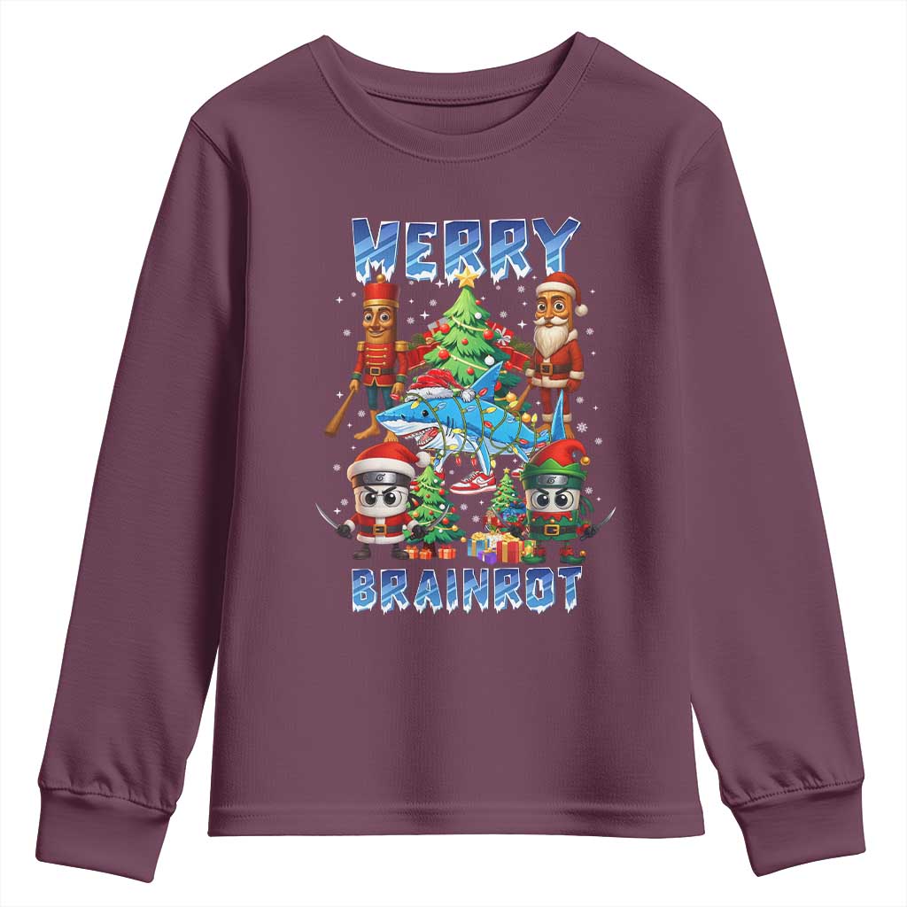 Funny Italian Brainrot Meme Christmas Youth Sweatshirt Merry Brainrot Xmas Gen Alpha TS11 Maroon Print Your Wear