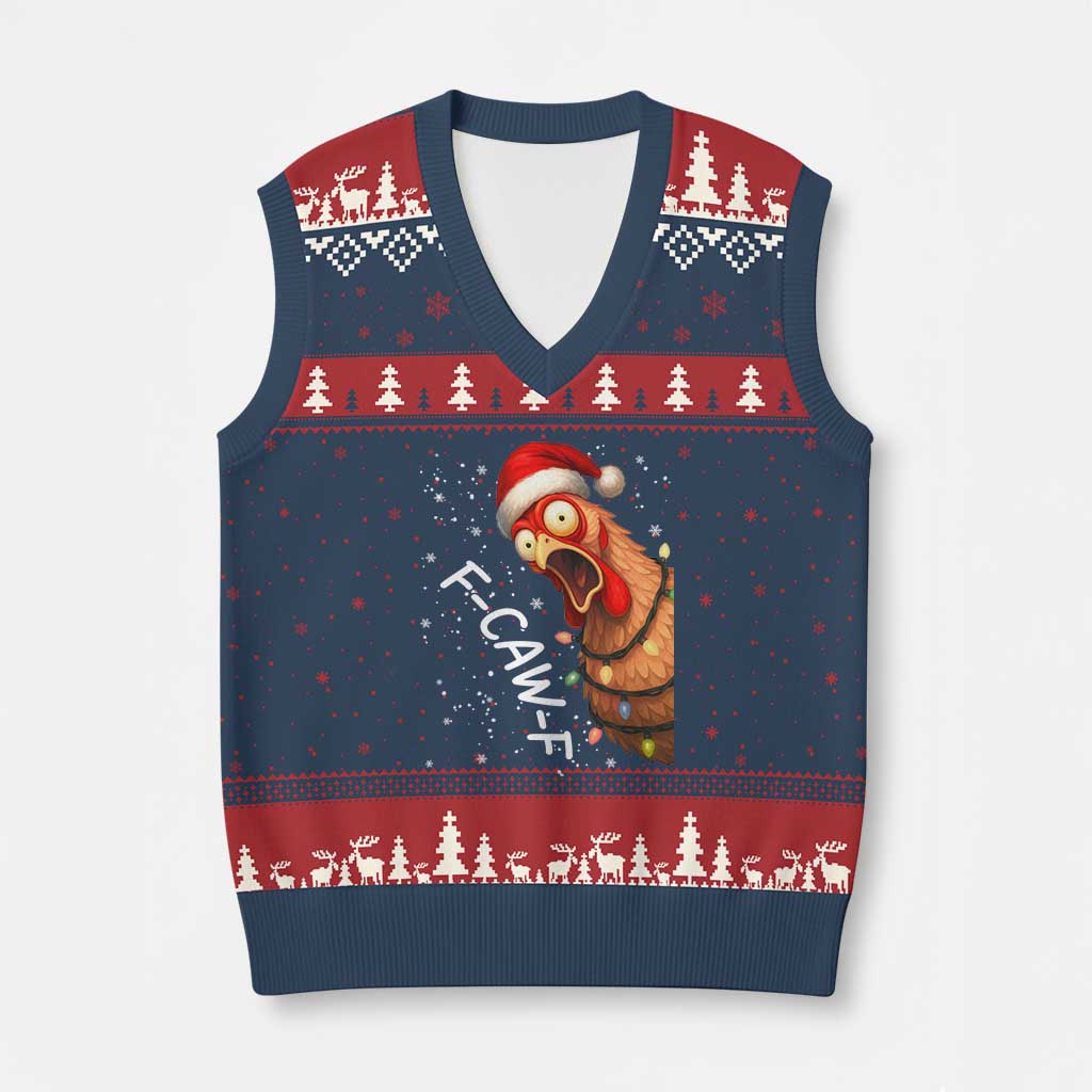 Funny F Caw F Chicken Xmas V-Neck Knit Sweater Vest Xmas Rooster Meme Santa Hat TS11 Navy Red Print Your Wear