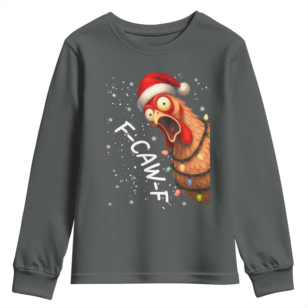 Funny F Caw F Chicken Christmas Youth Sweatshirt Xmas Rooster Meme Santa Hat TS11 Dark Heather Print Your Wear