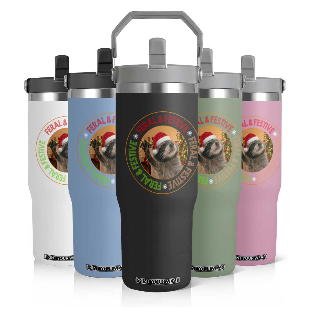 Funny Christmas Pedro The Racoon Flip Straw Tumbler Feral And Festive Xmas Santa Trash Panda TS11 Print Your Wear