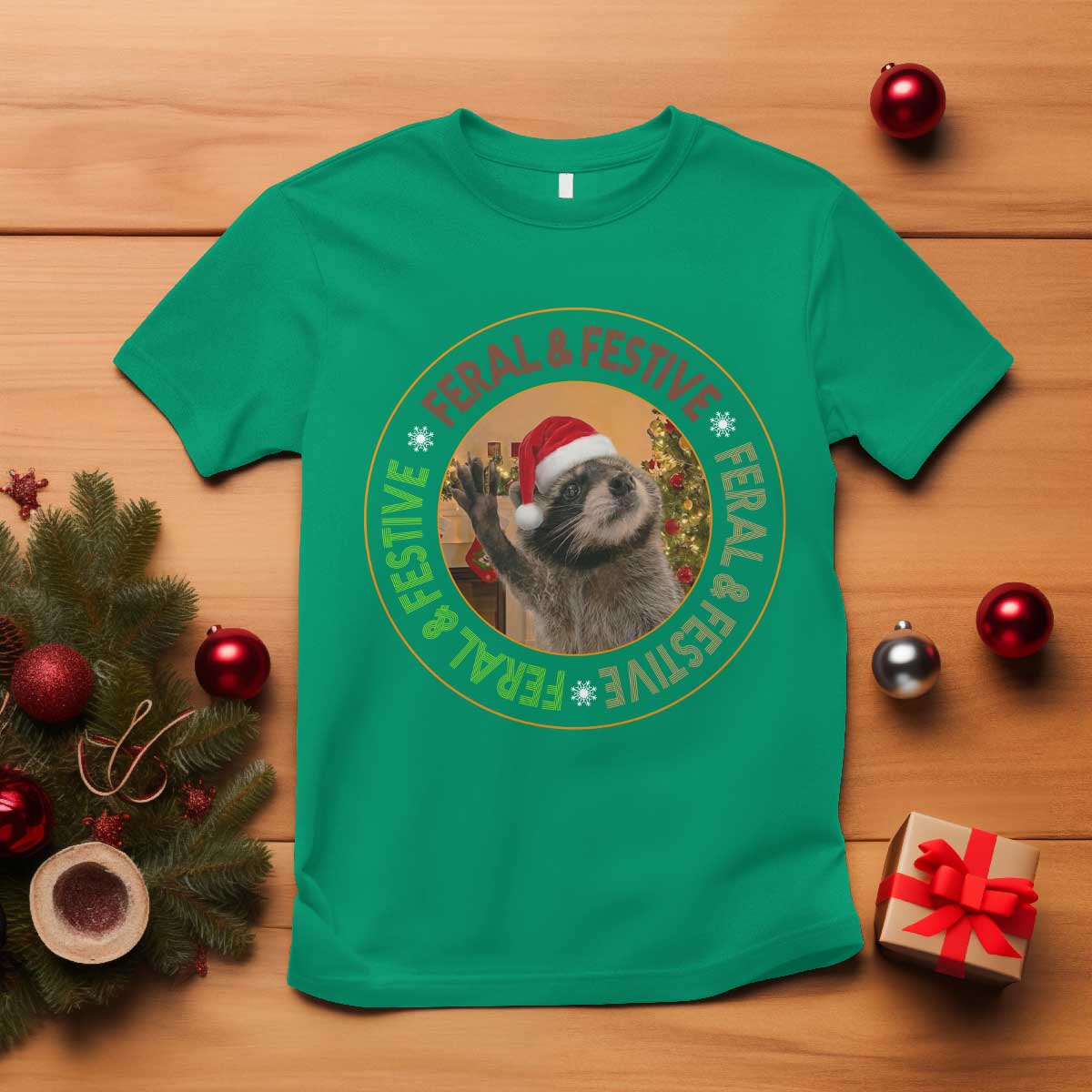 Funny Christmas Pedro The Racoon T Shirt Feral And Festive Xmas Santa Trash Panda TS11 Irish Green Print Your Wear