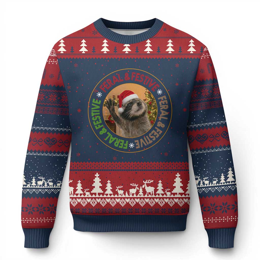 Funny Xmas Pedro The Racoon Ugly Christmas Sweater Feral And Festive Xmas Santa Trash Panda TS11 Navy Red Print Your Wear