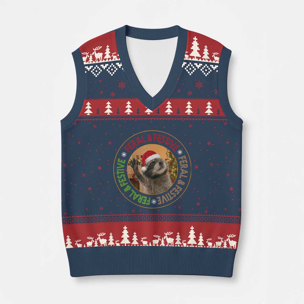 Funny Xmas Pedro The Racoon V-Neck Knit Sweater Vest Feral And Festive Xmas Santa Trash Panda TS11 Navy Red Print Your Wear
