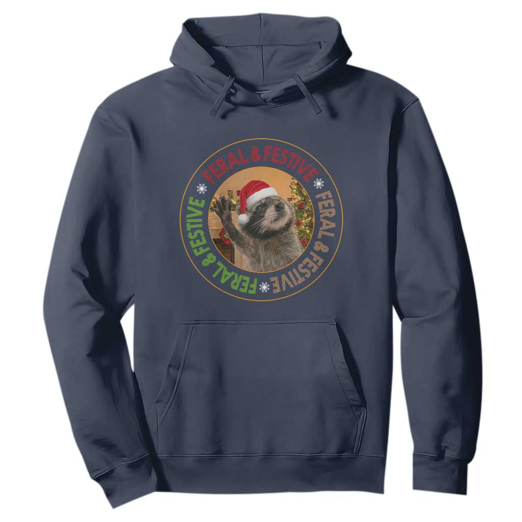 Funny Christmas Pedro The Racoon Hoodie Feral And Festive Xmas Santa Trash Panda TS11 Navy Print Your Wear
