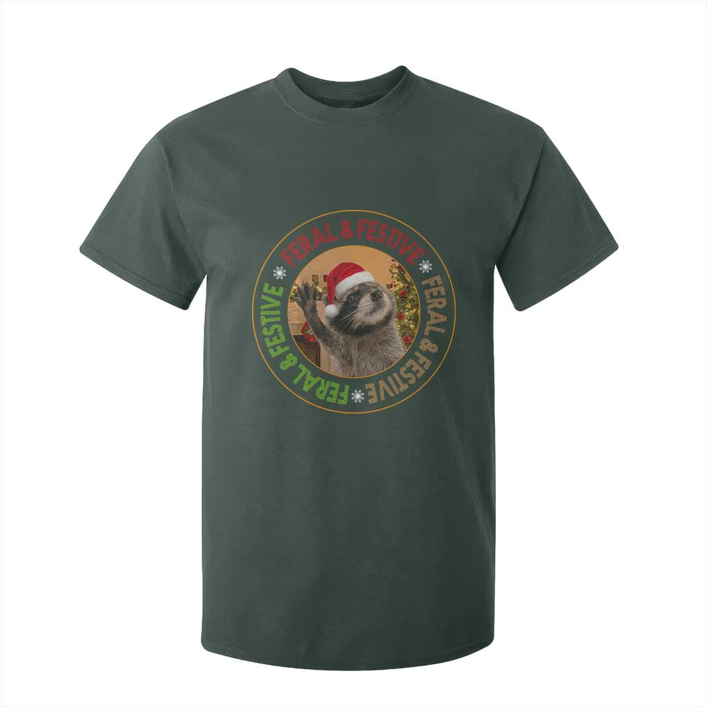 Funny Christmas Pedro The Racoon T Shirt For Kid Feral And Festive Xmas Santa Trash Panda TS11 Dark Forest Green Print Your Wear