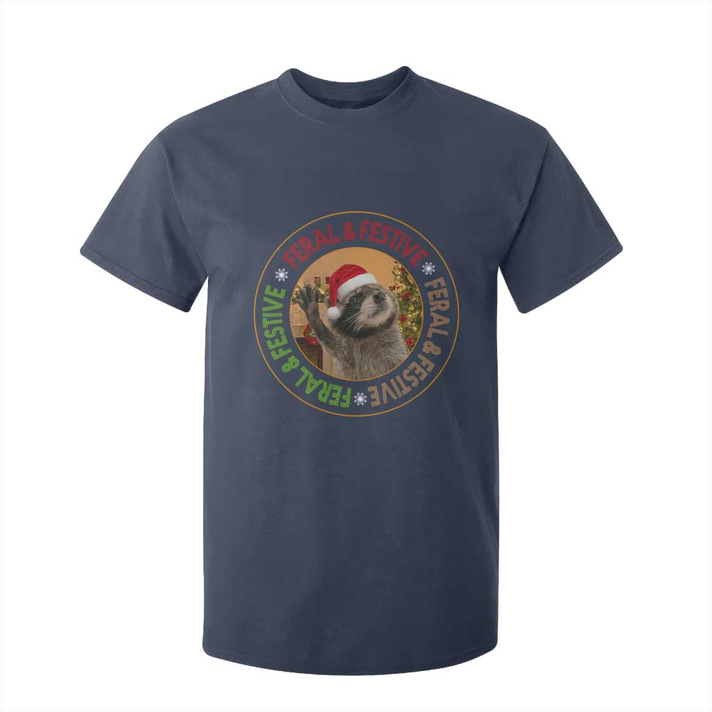 Funny Christmas Pedro The Racoon T Shirt For Kid Feral And Festive Xmas Santa Trash Panda TS11 Navy Print Your Wear