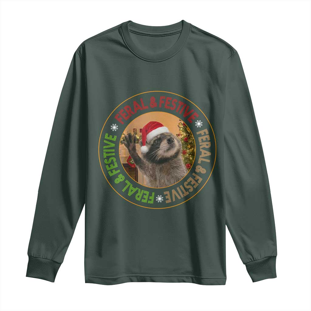 Funny Christmas Pedro The Racoon Long Sleeve Shirt Feral And Festive Xmas Santa Trash Panda TS11 Dark Forest Green Print Your Wear