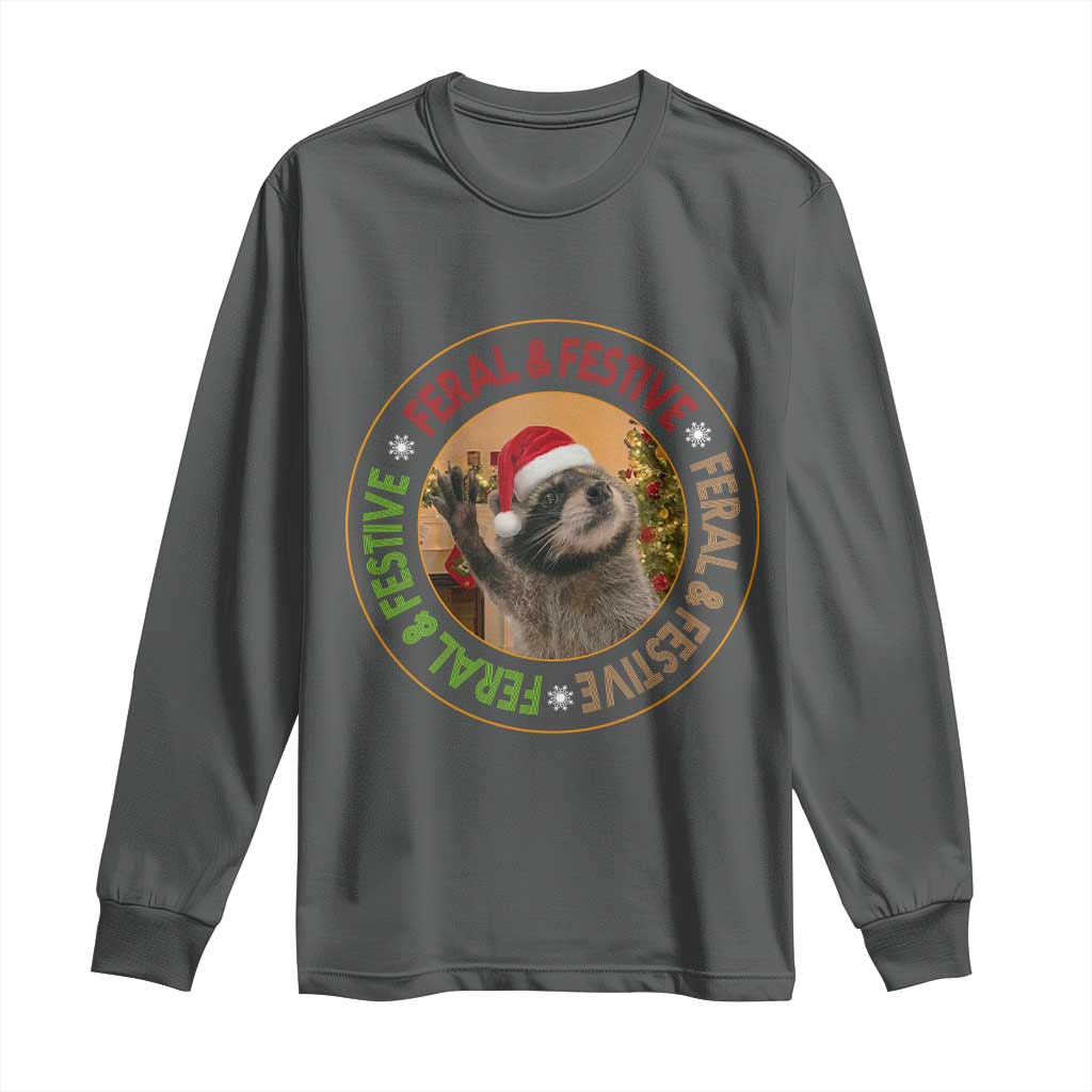 Funny Christmas Pedro The Racoon Long Sleeve Shirt Feral And Festive Xmas Santa Trash Panda TS11 Dark Heather Print Your Wear