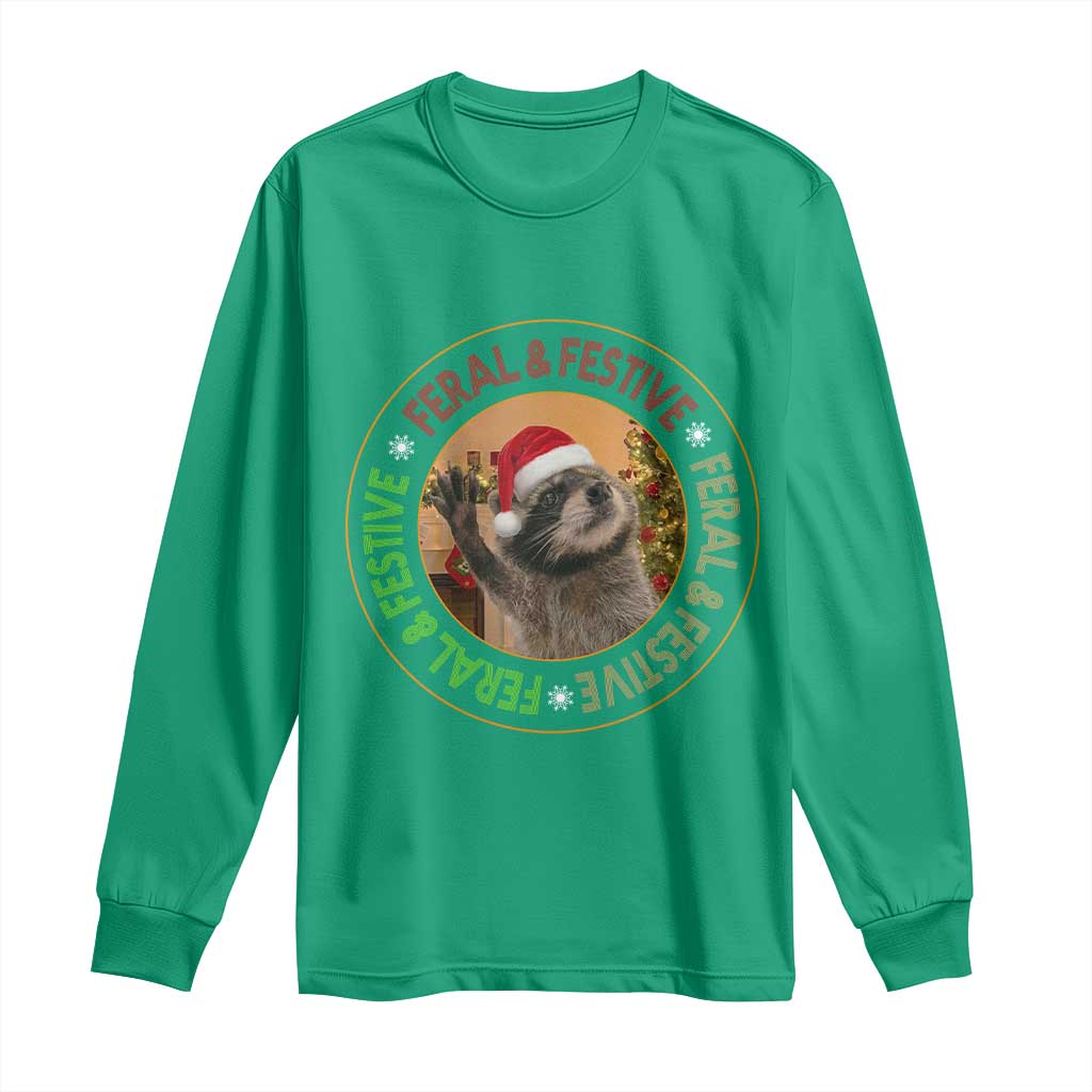 Funny Christmas Pedro The Racoon Long Sleeve Shirt Feral And Festive Xmas Santa Trash Panda TS11 Irish Green Print Your Wear