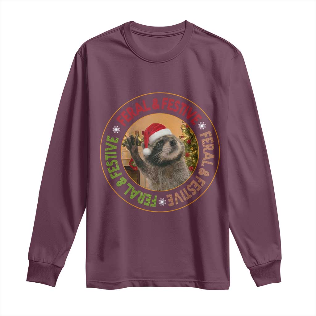 Funny Christmas Pedro The Racoon Long Sleeve Shirt Feral And Festive Xmas Santa Trash Panda TS11 Maroon Print Your Wear