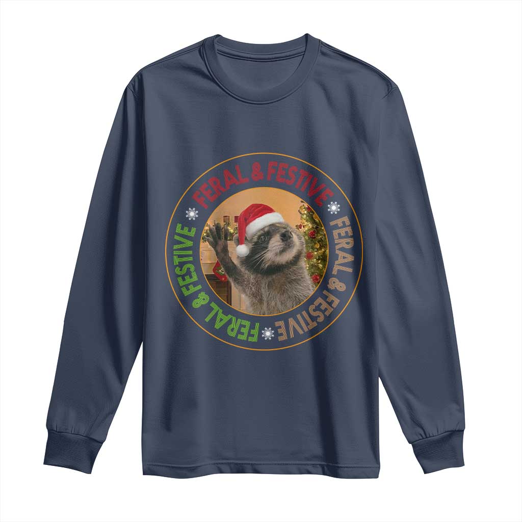 Funny Christmas Pedro The Racoon Long Sleeve Shirt Feral And Festive Xmas Santa Trash Panda TS11 Navy Print Your Wear