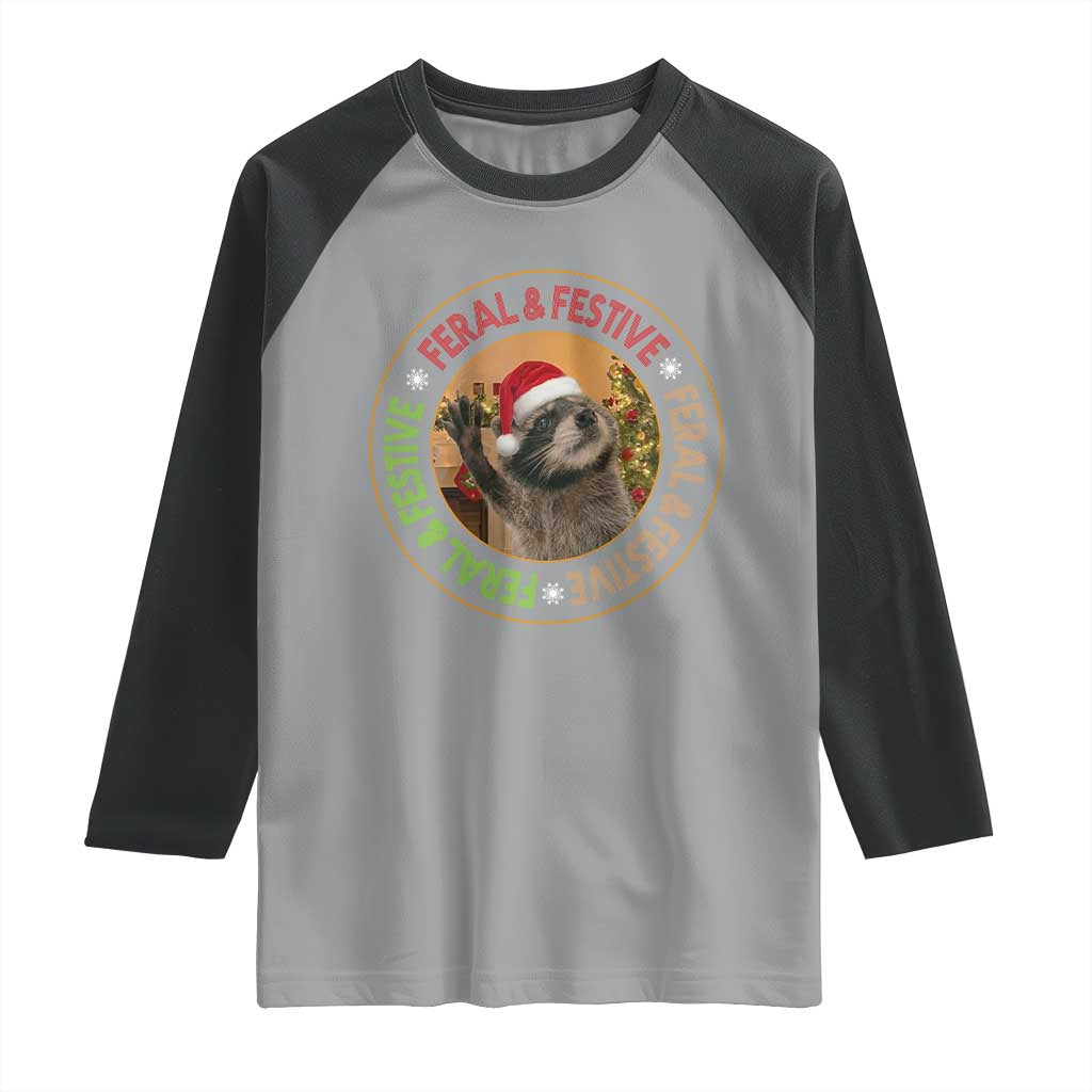 Funny Christmas Pedro The Racoon Raglan Shirt Feral And Festive Xmas Santa Trash Panda TS11 Sport Gray Black Print Your Wear