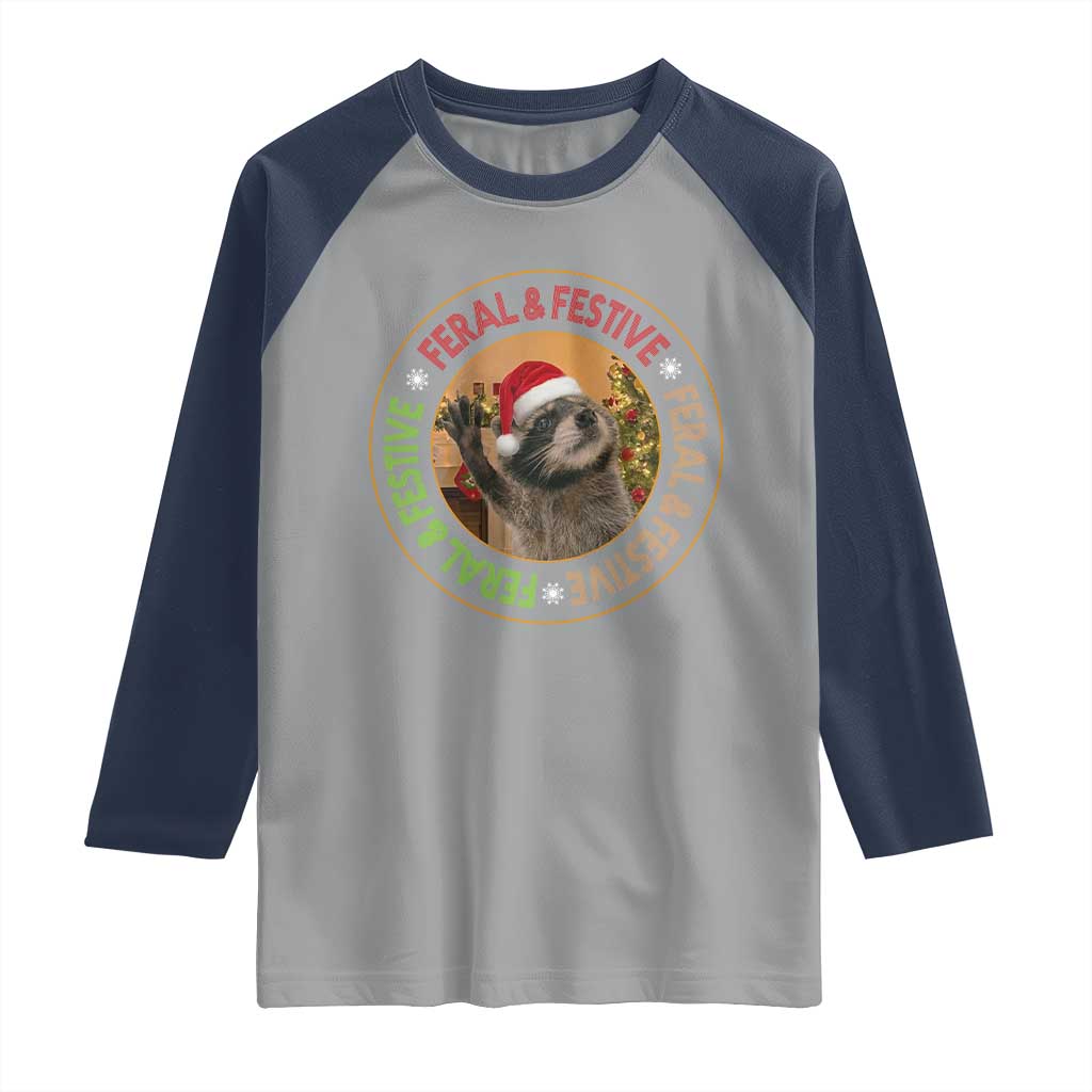 Funny Christmas Pedro The Racoon Raglan Shirt Feral And Festive Xmas Santa Trash Panda TS11 Sport Gray Navy Print Your Wear
