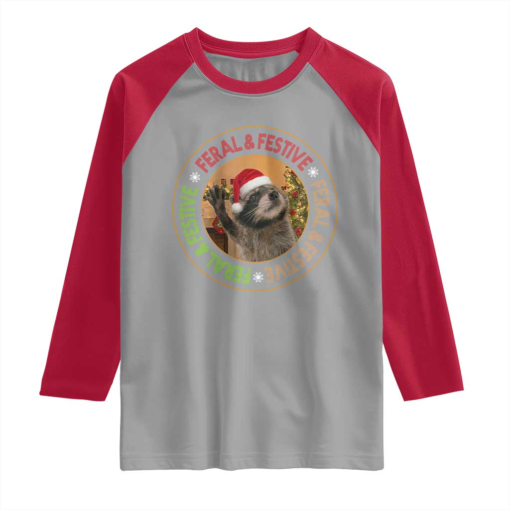Funny Christmas Pedro The Racoon Raglan Shirt Feral And Festive Xmas Santa Trash Panda TS11 Sport Gray Red Print Your Wear