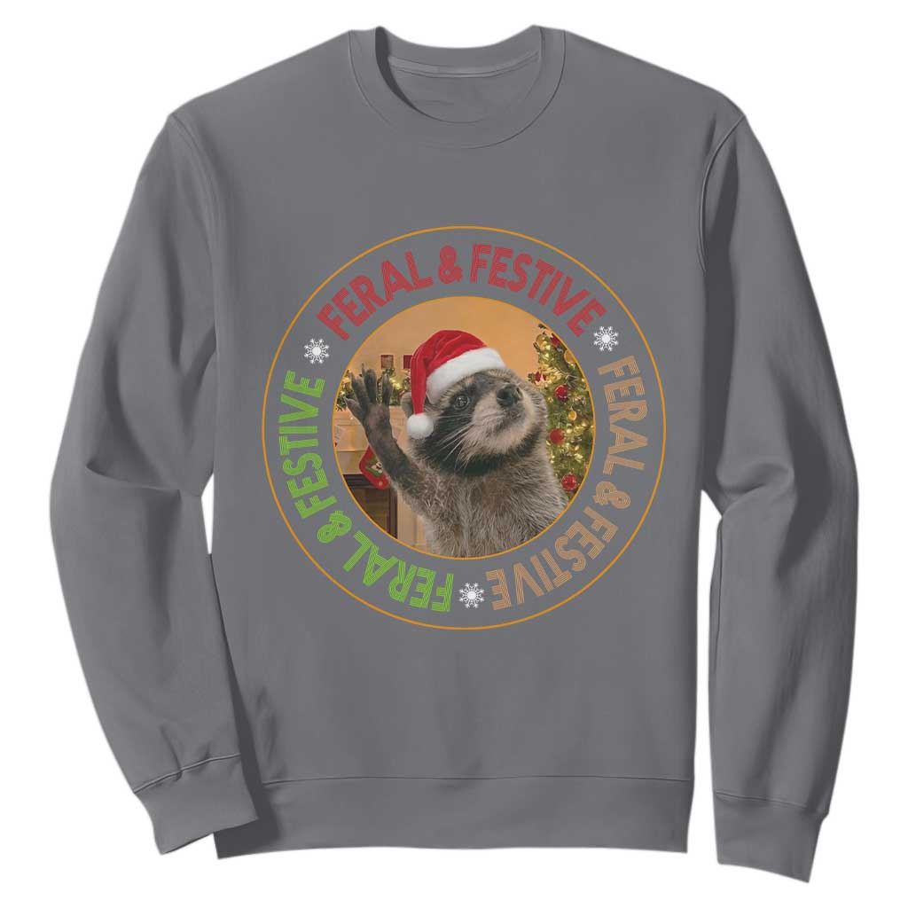 Funny Christmas Pedro The Racoon Sweatshirt Feral And Festive Xmas Santa Trash Panda TS11 Charcoal Print Your Wear
