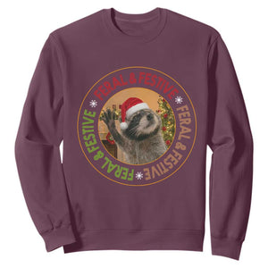 Funny Christmas Pedro The Racoon Sweatshirt Feral And Festive Xmas Santa Trash Panda TS11 Maroon Print Your Wear
