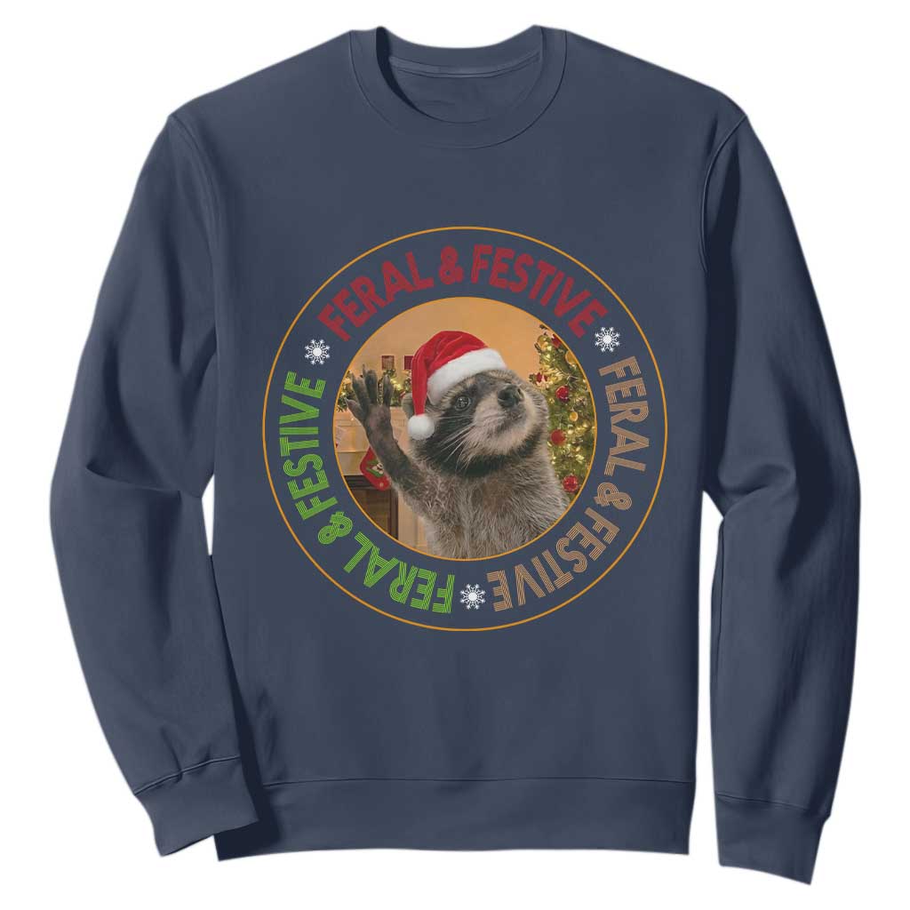 Funny Christmas Pedro The Racoon Sweatshirt Feral And Festive Xmas Santa Trash Panda TS11 Navy Print Your Wear