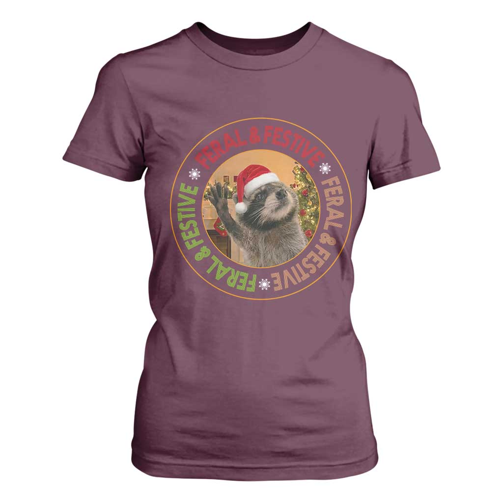 Funny Christmas Pedro The Racoon T Shirt For Women Feral And Festive Xmas Santa Trash Panda TS11 Maroon Print Your Wear