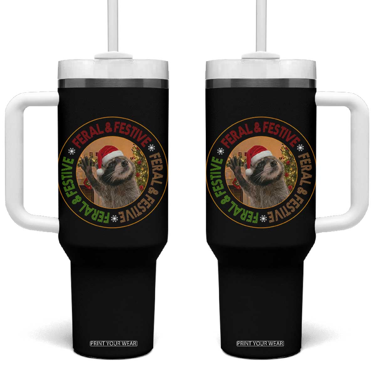 Funny Christmas Pedro The Racoon Tumbler With Handle Feral And Festive Xmas Santa Trash Panda TS11 One Size: 40 oz Black Print Your Wear