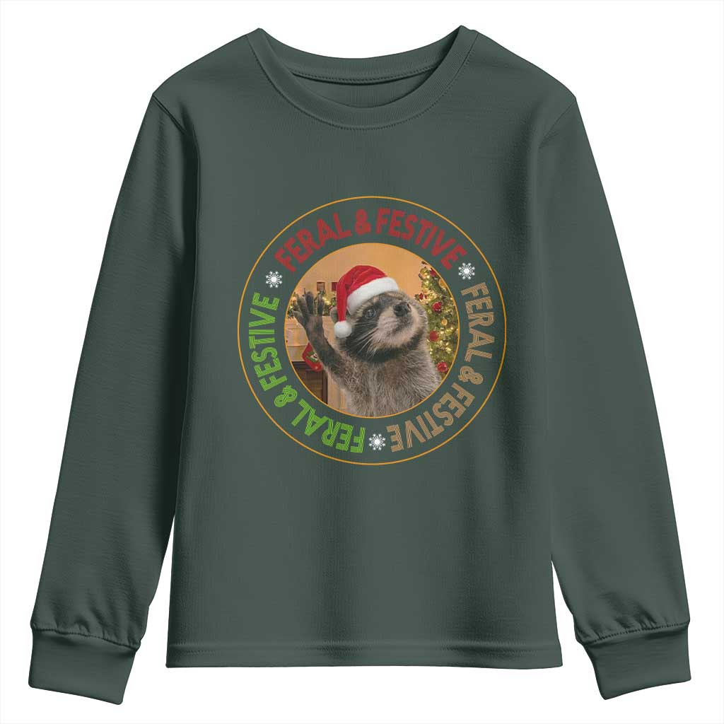 Funny Christmas Pedro The Racoon Youth Sweatshirt Feral And Festive Xmas Santa Trash Panda TS11 Dark Forest Green Print Your Wear