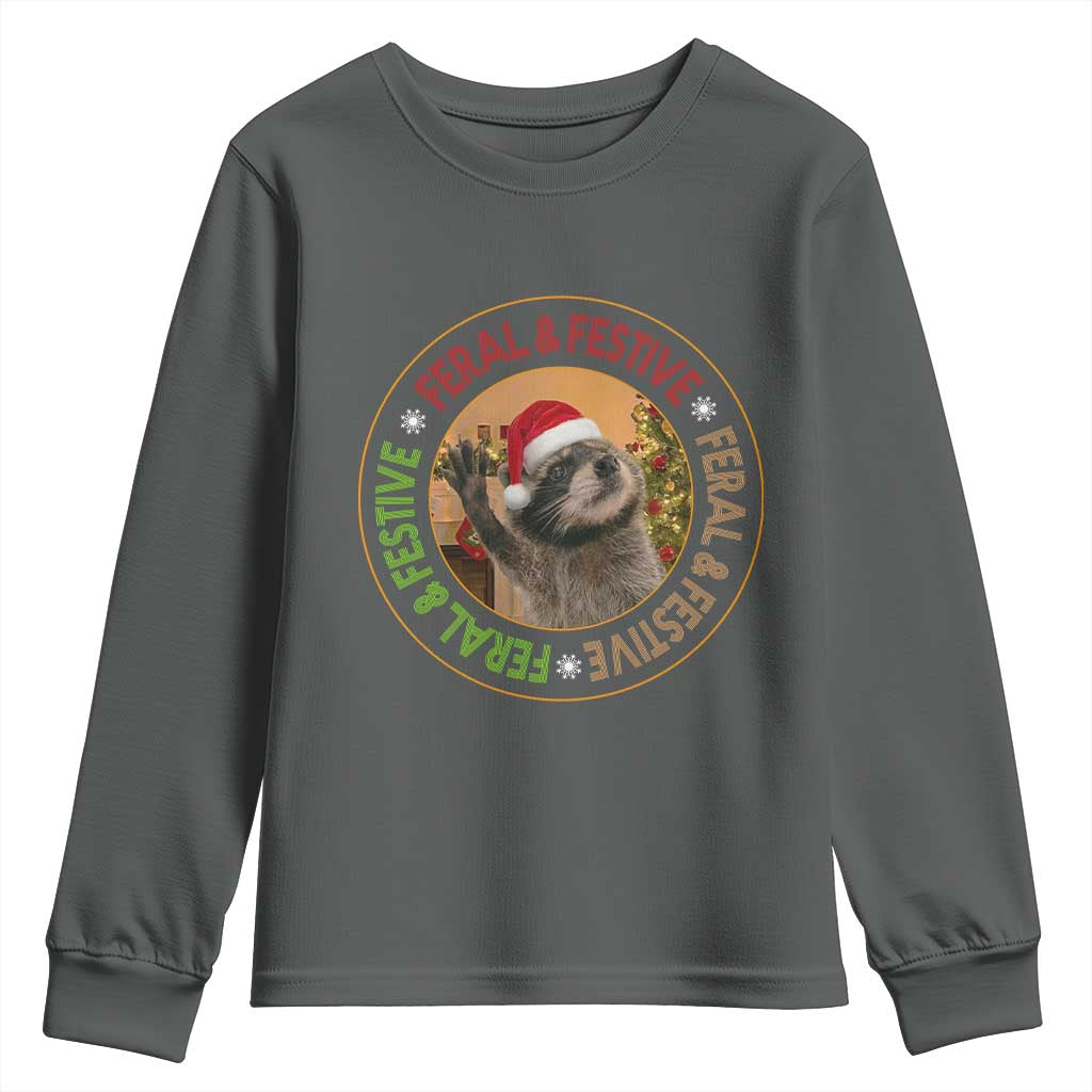 Funny Christmas Pedro The Racoon Youth Sweatshirt Feral And Festive Xmas Santa Trash Panda TS11 Dark Heather Print Your Wear