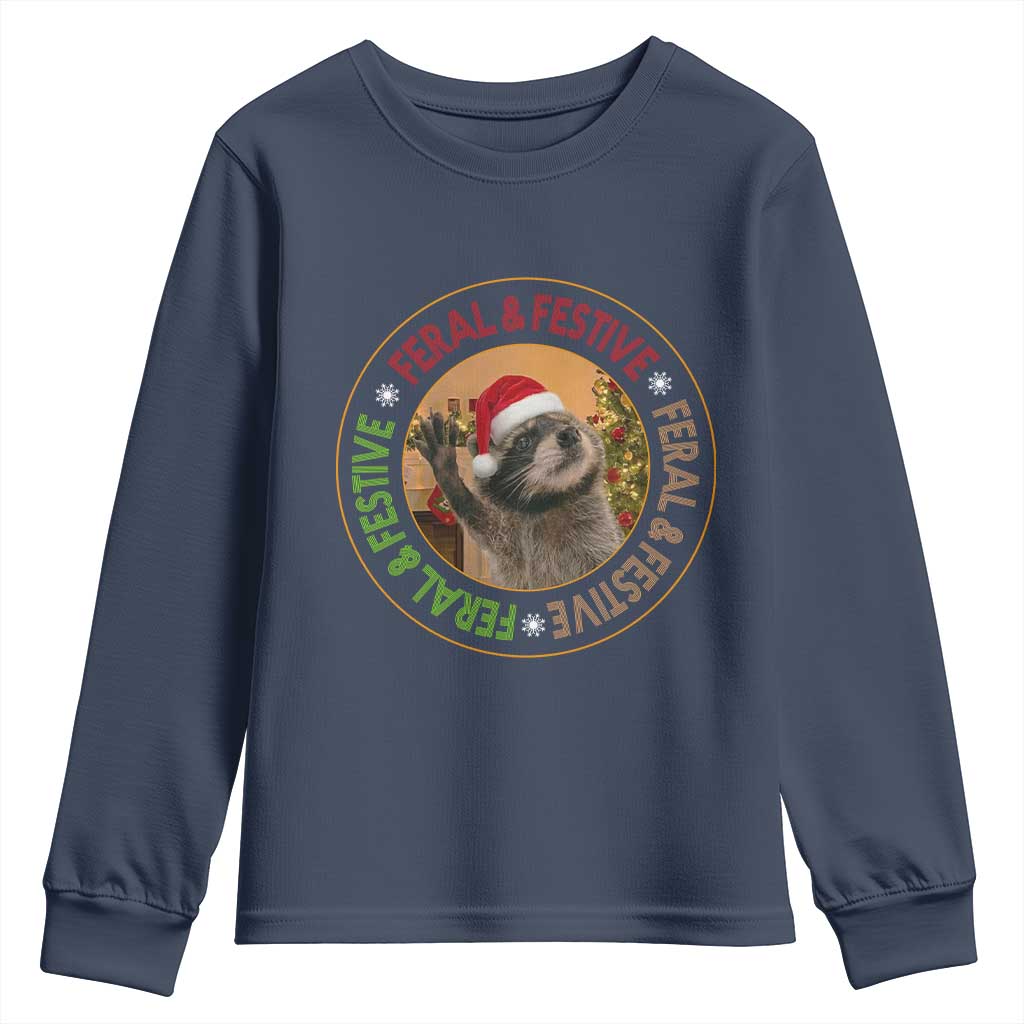 Funny Christmas Pedro The Racoon Youth Sweatshirt Feral And Festive Xmas Santa Trash Panda TS11 Navy Print Your Wear