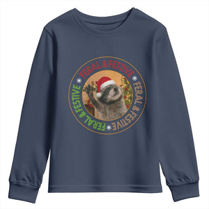 Funny Christmas Pedro The Racoon Youth Sweatshirt Feral And Festive Xmas Santa Trash Panda TS11 Navy Print Your Wear